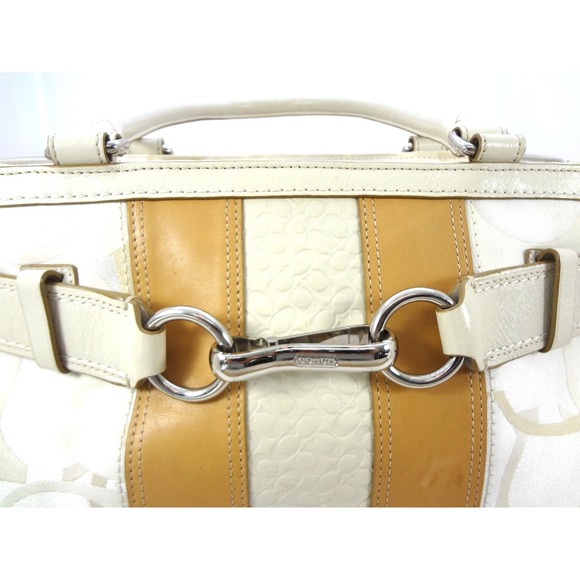 Coach Hampton Signature Cream White Canvas Stripe Satchel Shoulder Bag Buckle - Picture 3 of 11